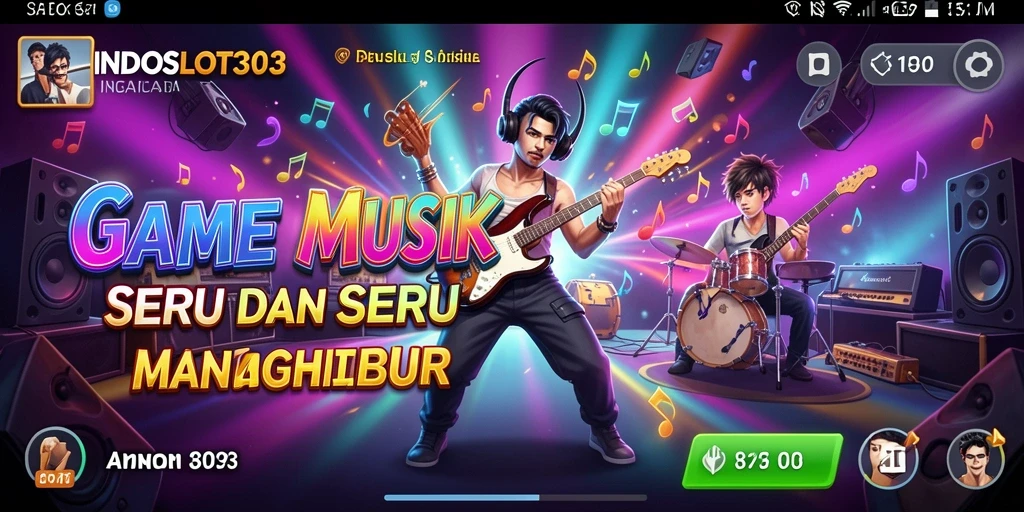 Screenshot menunjukkan gameplay seru dengan berbagai pilihan musik.