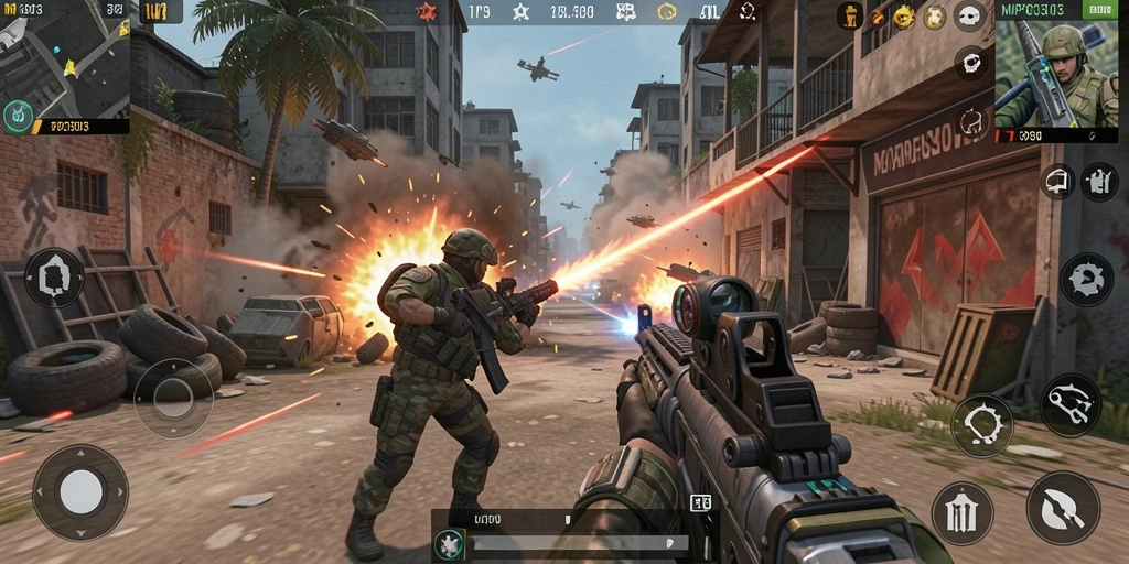 Screenshot MPO303 menunjukkan aksi pertempuran yang mendebarkan dalam game TPS.