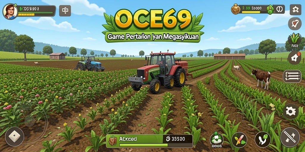 Tampilan gameplay OCE69 dengan ladang pertanian yang subur dan berwarna.
