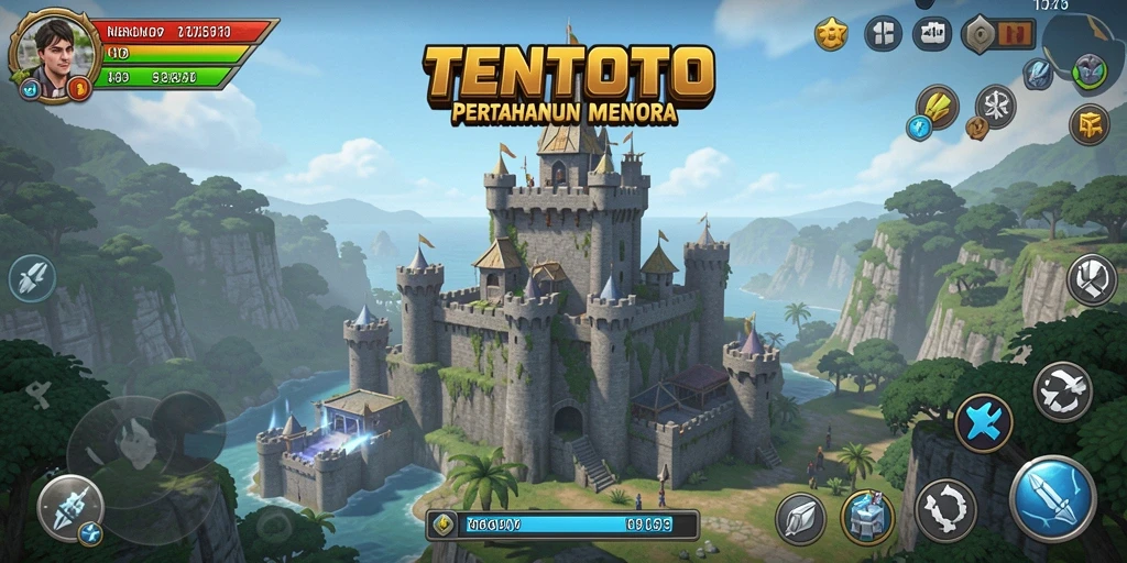Tangkapan layar TENTOTO menampilkan aksi menara bertahan melawan gelombang musuh.